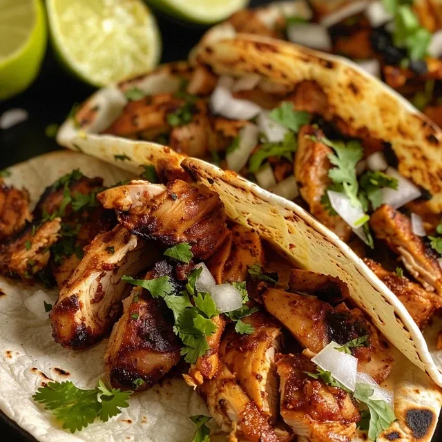 Primer plano de tacos de pollo asado con guarniciones frescas.