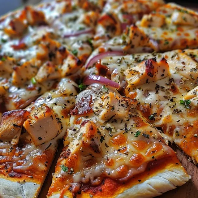 Primer plano de una pizza de pollo a la barbacoa con cebolla roja y cilantro.