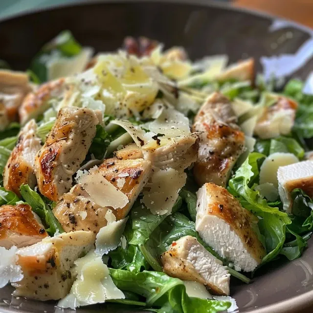 Detalle de Ensalada César de Pollo, mostrando ingredientes frescos y crujientes.