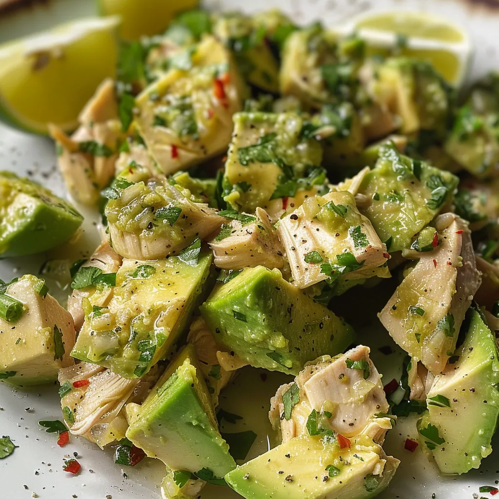 Close-up of Aguacate con Pollo featuring diced avocado and shredded chicken.