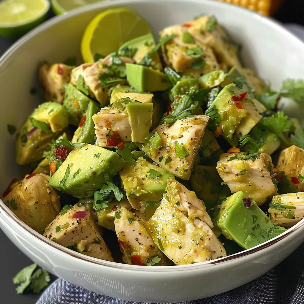 Side view of a vibrant Aguacate con Pollo dish with colorful ingredients.