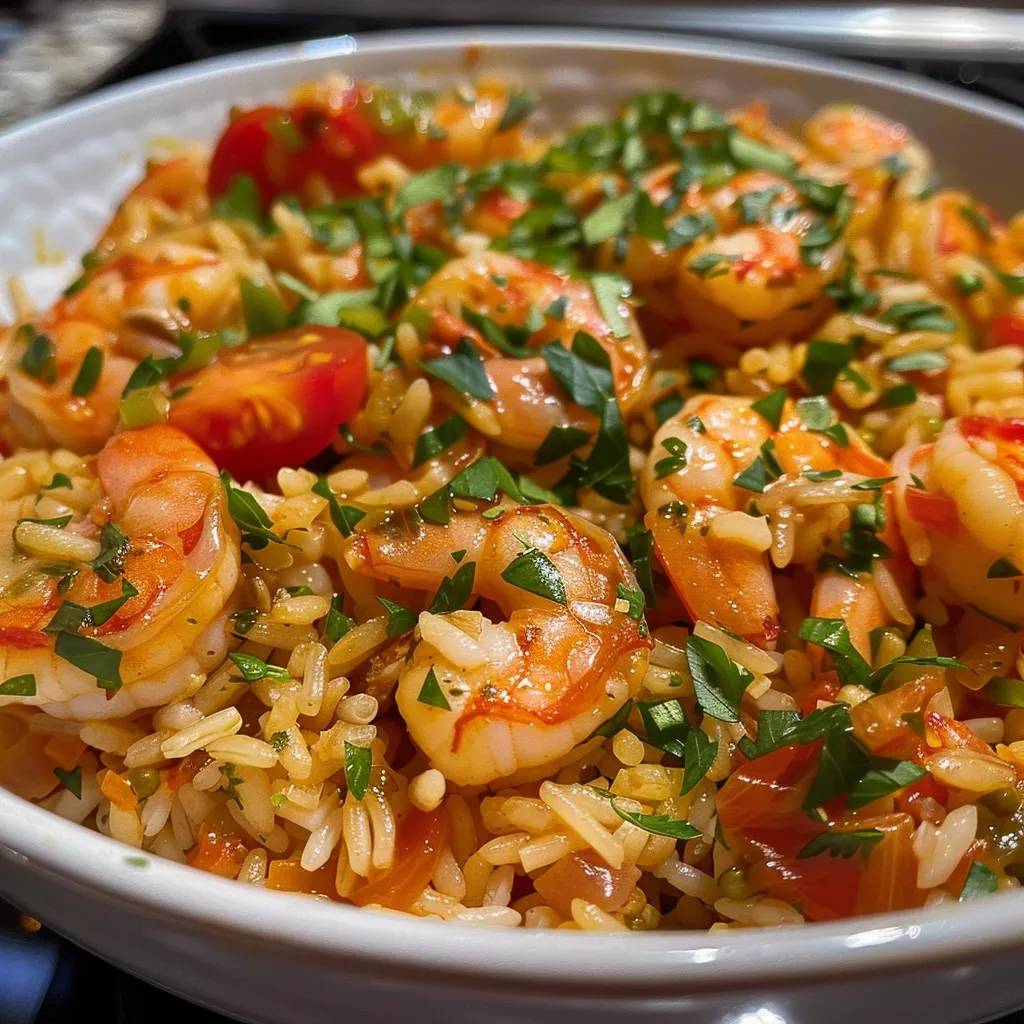 Primer plano de un plato de arroz con camarones, mostrando la textura y los ingredientes frescos.