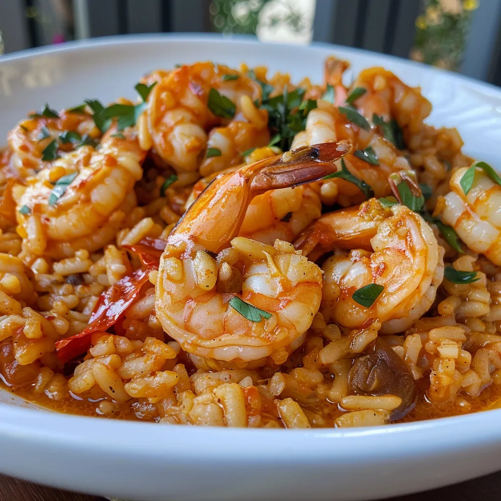 Arroz con camarones en un plato, con camarones jugosos y verduras coloridas.