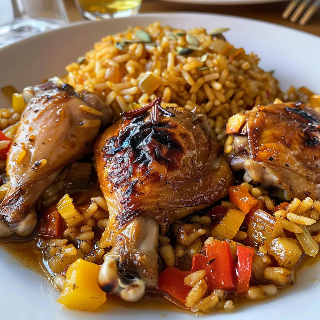 Primer plano de un plato humeante de Arroz con Pollo.