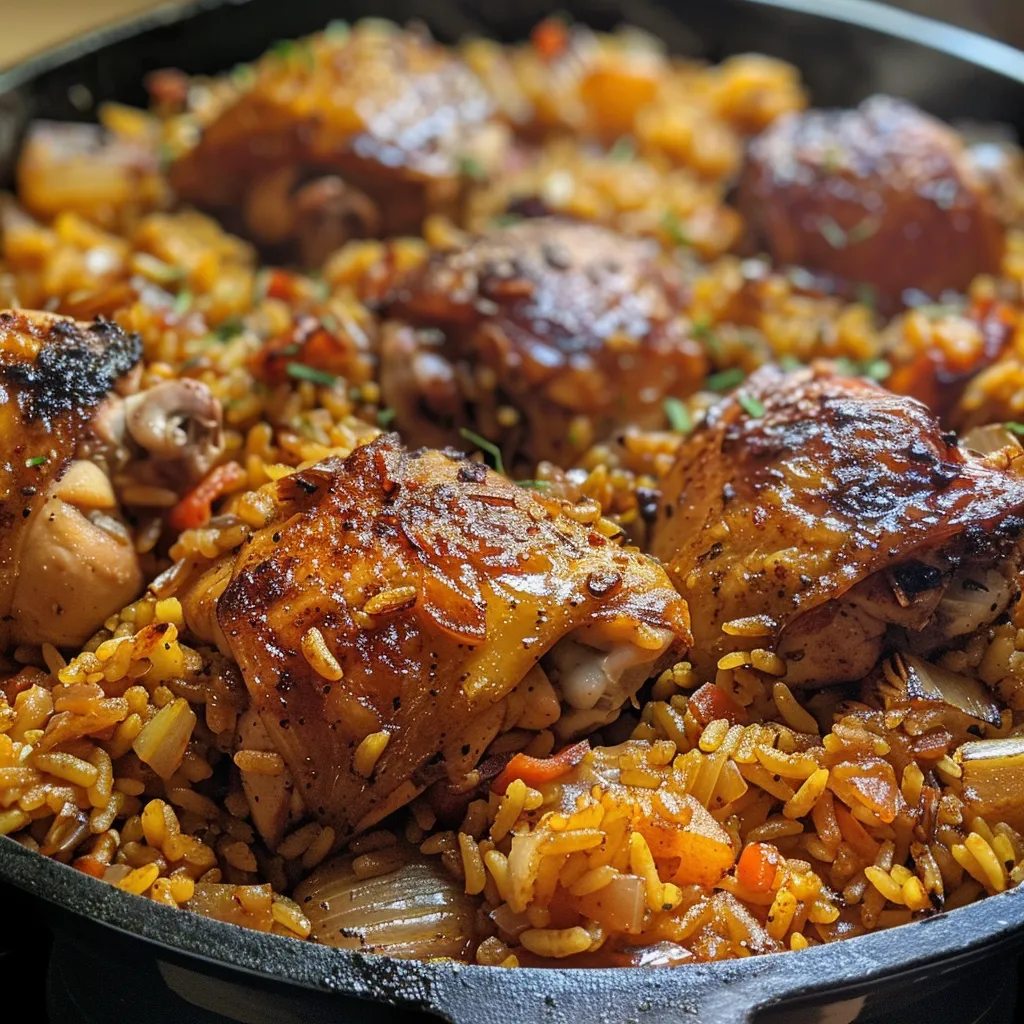 Vista lateral de un delicioso Arroz con Pollo con verduras.