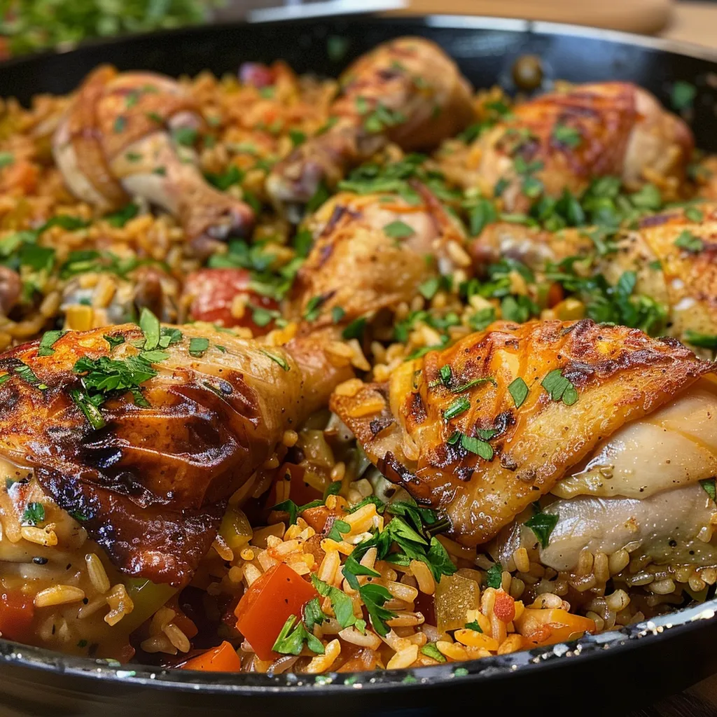 Close-up of a serving of Arroz con pollo, showcasing tender chicken, rice, and vegetables.