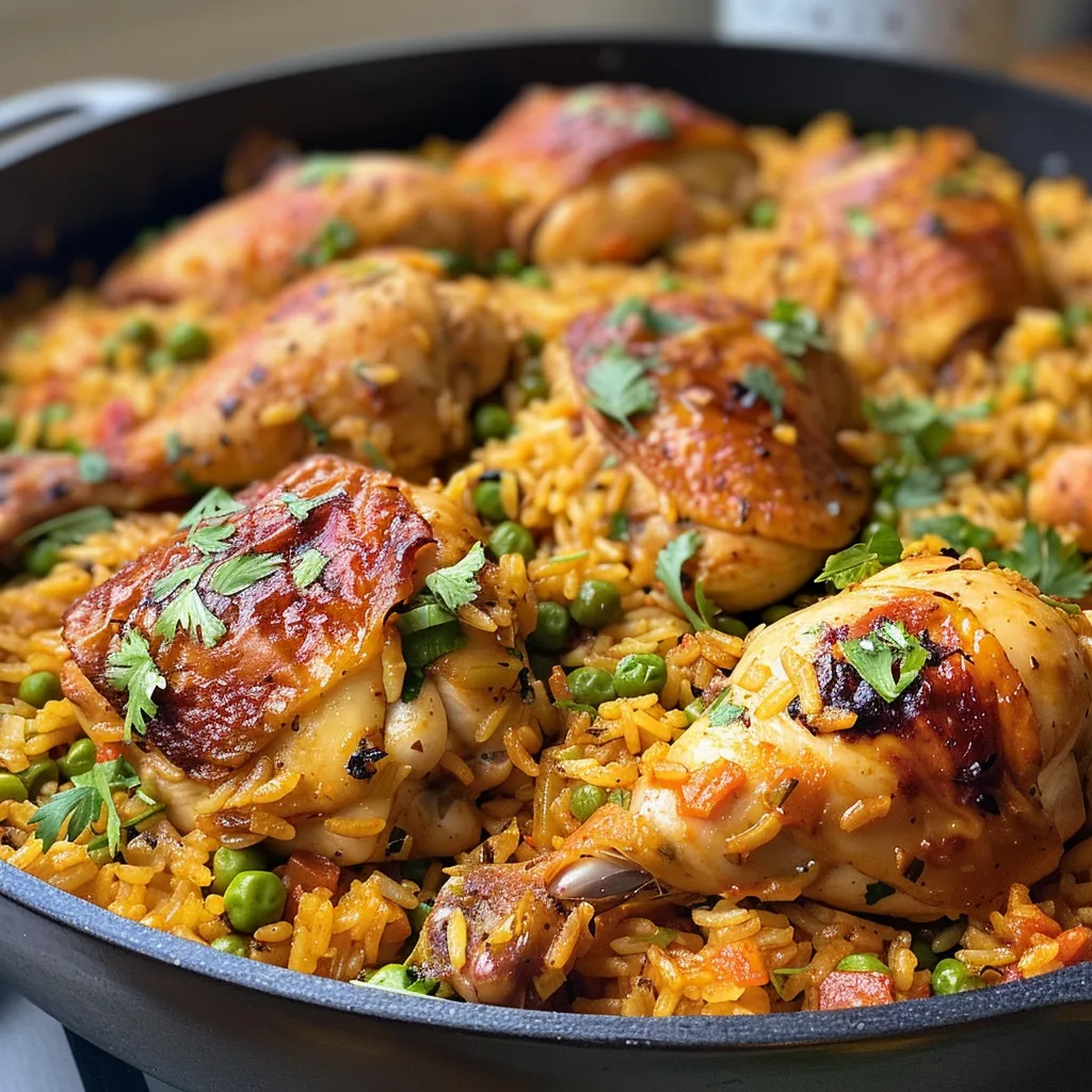 Side view of a plate filled with colorful Arroz con pollo, highlighting the rice and garnishes.