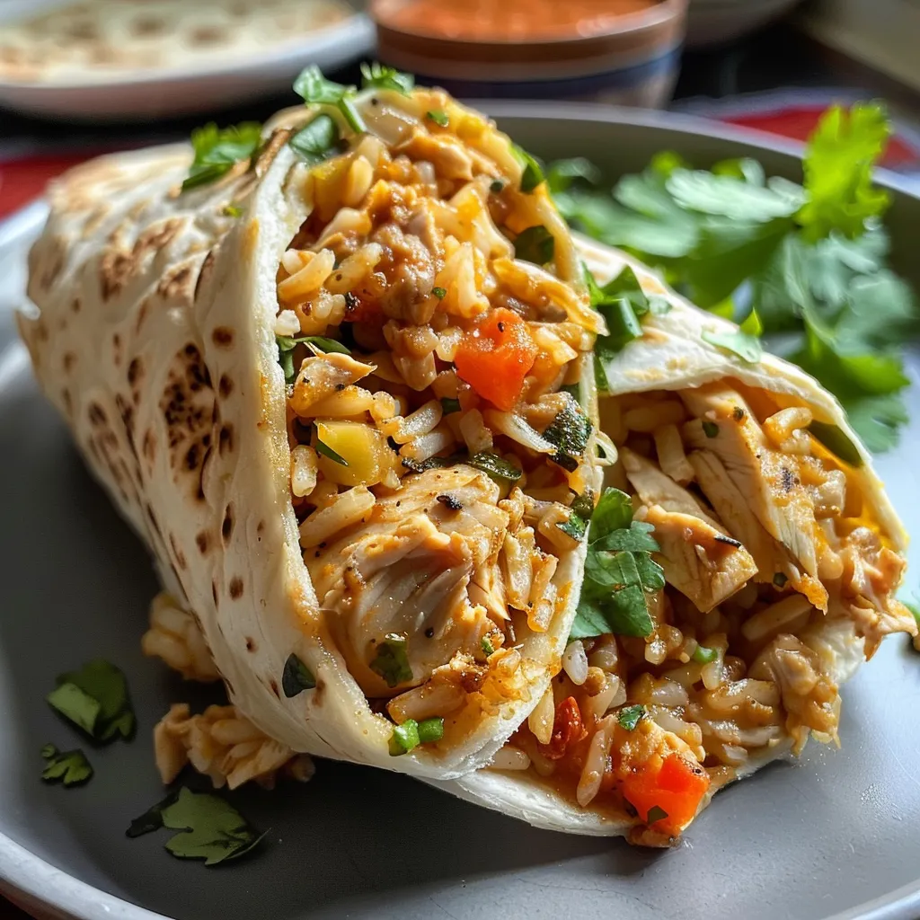Burrito de pollo a la parrilla con aderezo ranch de chipotle, visto de lado.