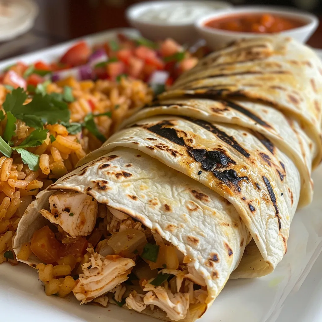 Primer plano de un burrito jugoso con pollo y vegetales frescos.