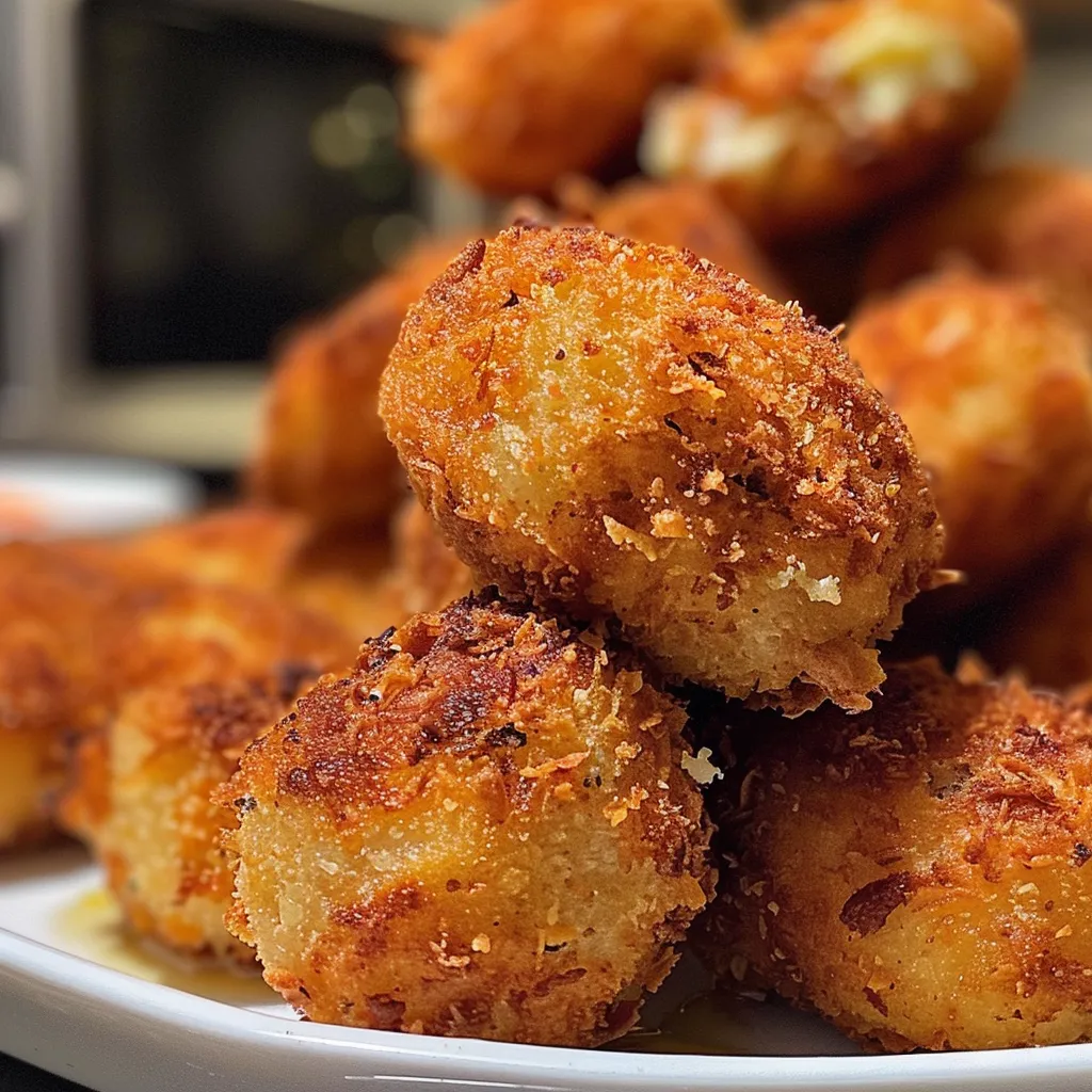 Croquetas caseras de pollo doradas y crujientes en un plato.