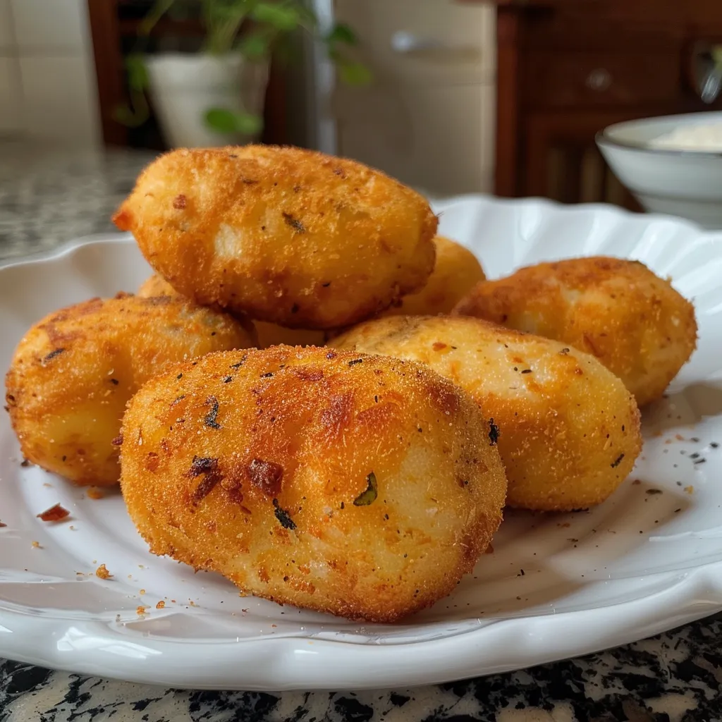 Primer plano de croquetas de pollo fritas con textura jugosa.