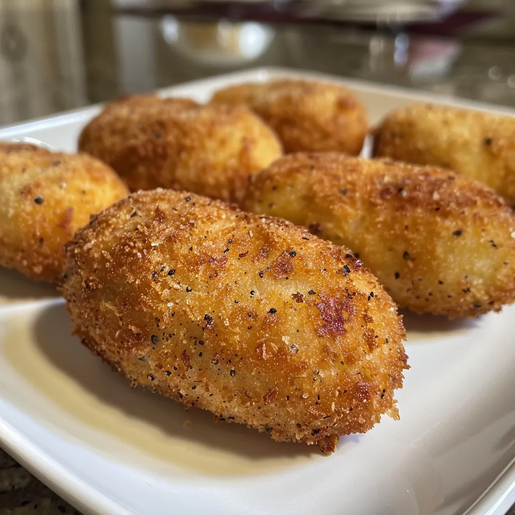 Croquetas de pollo doradas en un plato, con textura crujiente.