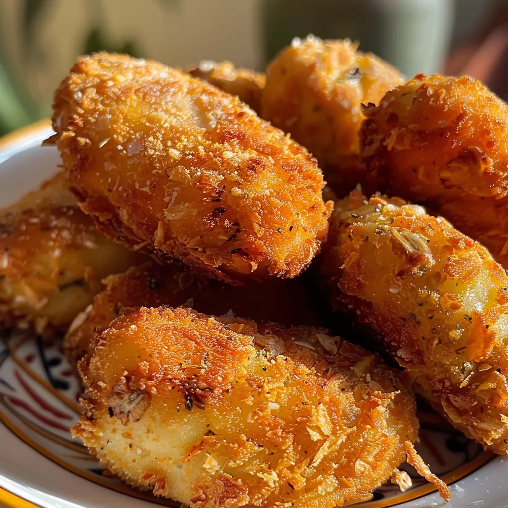 Primer plano de croquetas de pollo, mostrando su relleno cremoso.