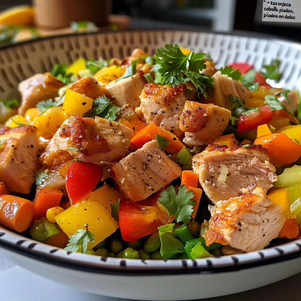 Primer plano de Ensalada de Pollo colorida y cremosa.