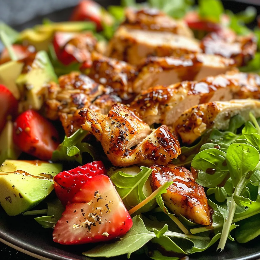 Ensalada de pollo con fresas, vista lateral, mostrando ingredientes frescos.