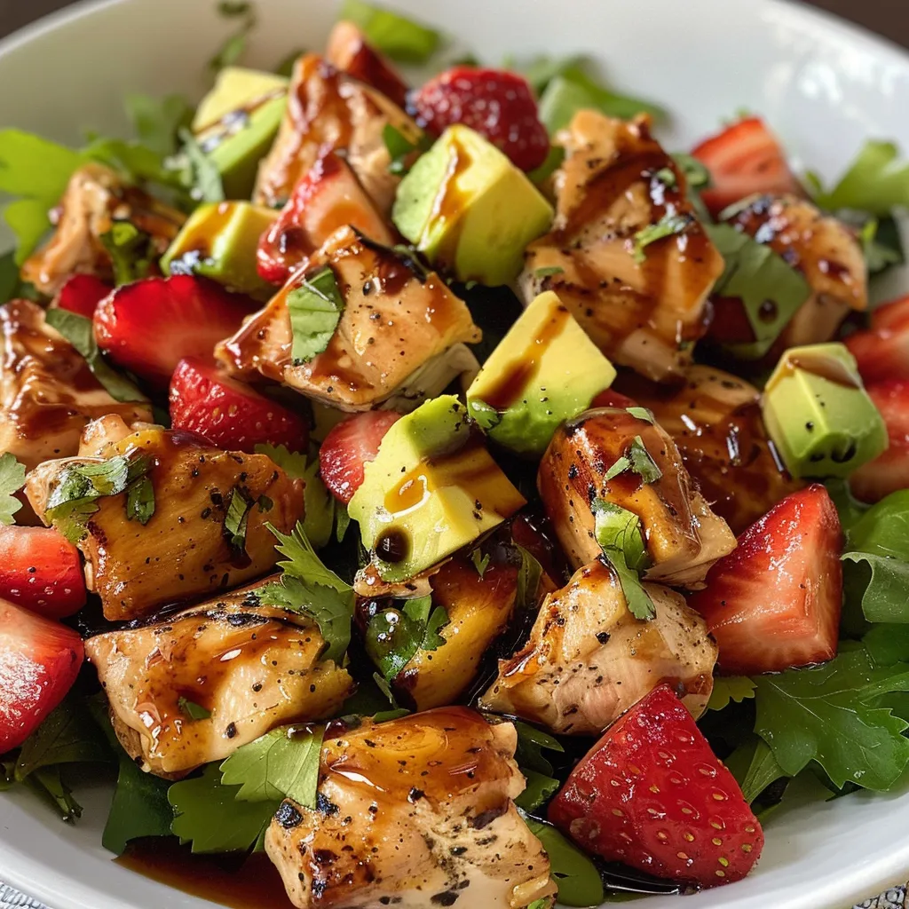 Primer plano de ensalada con pollo grillado y fresas en un plato.