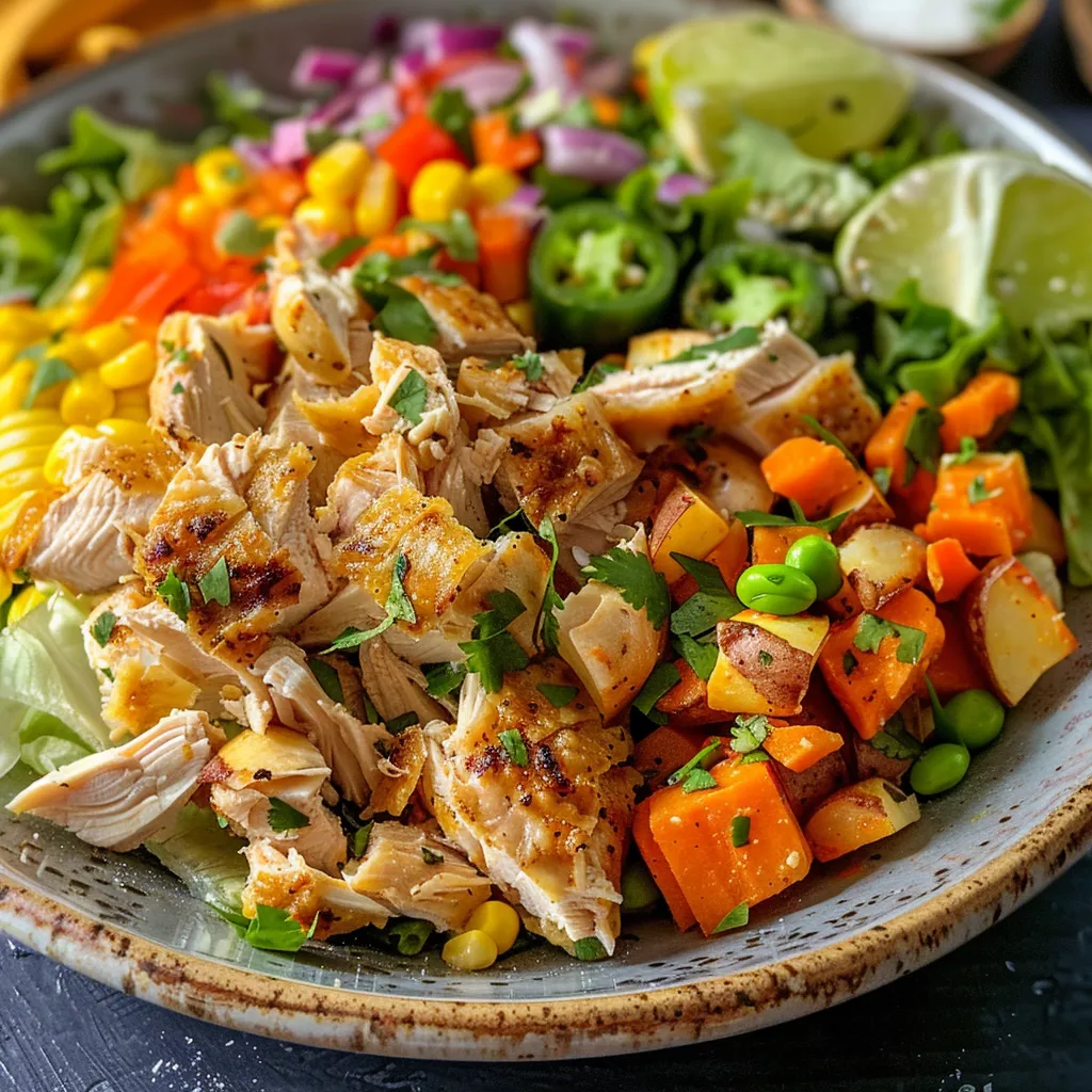 Ensalada de pollo mexicana en un plato, con ingredientes coloridos y frescos.