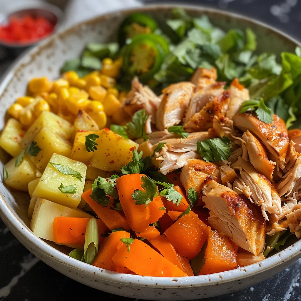 Primer plano de ensalada de pollo, mostrando pollo, verduras y aderezo cremoso.