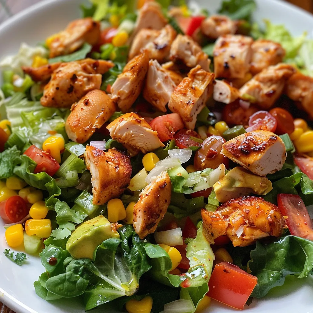 Ensalada de pollo ranch saludable en un tazón, con ingredientes frescos y coloridos.