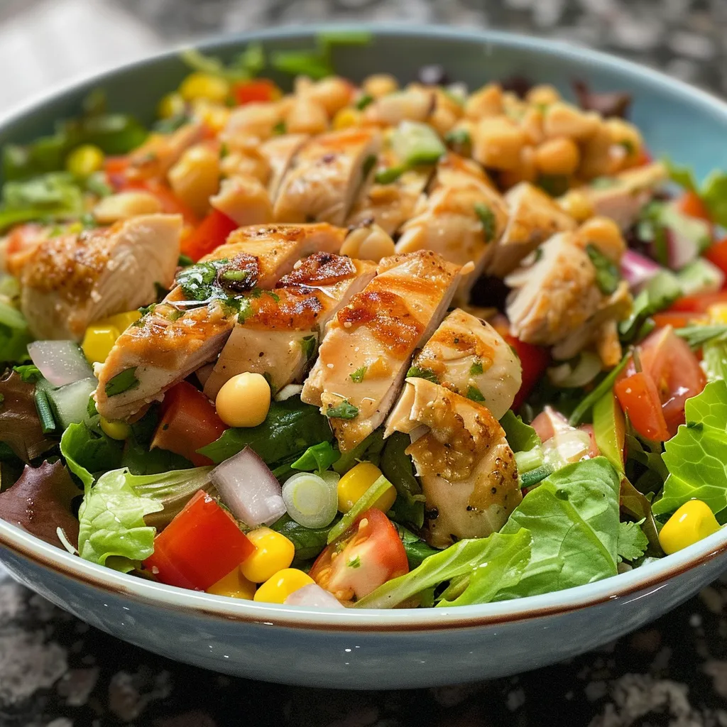 Primer plano de ensalada de pollo ranch, mostrando pollo desmenuzado y vegetales frescos.