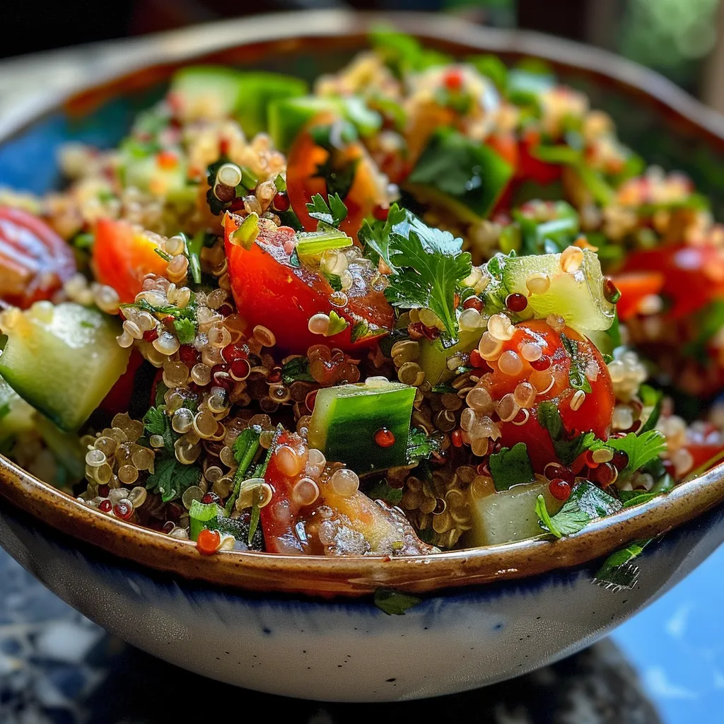 Primer plano de una ensalada de quinoa con ingredientes frescos.