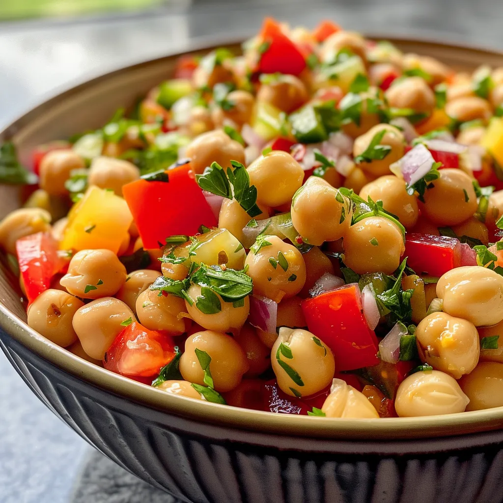 Ensalada Garbanzos Mediterránea con pimientos y cebolla, vista lateral.