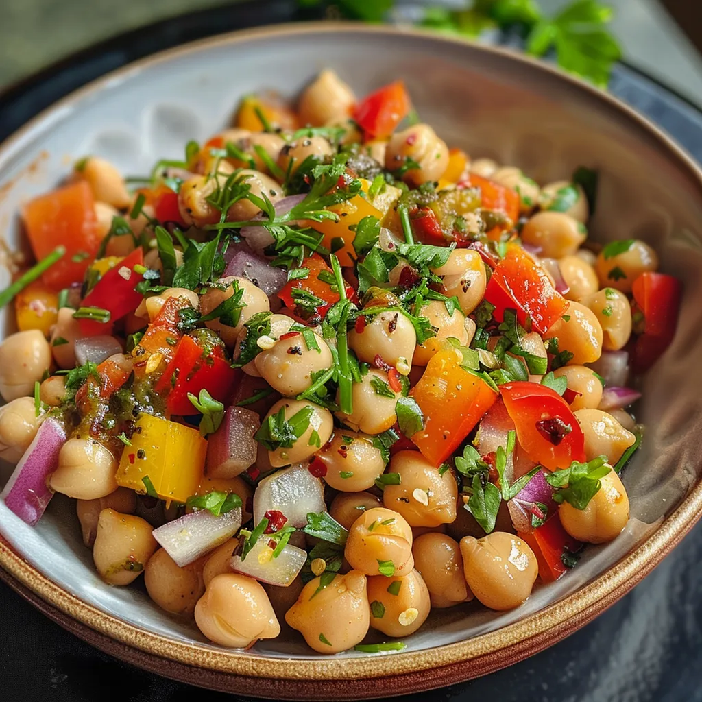 Primer plano de una ensalada de garbanzos colorida y fresca.