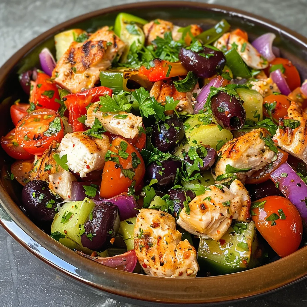 Ensalada Griega con pollo y vegetales frescos en un plato.
