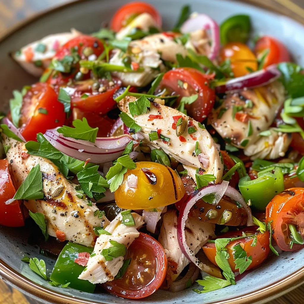 Primer plano de una ensalada griega saludable con pollo, lechuga y tomates.