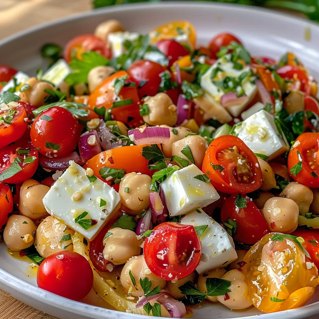 Ensalada mediterránea de garbanzos en un plato, mostrando ingredientes frescos y coloridos.