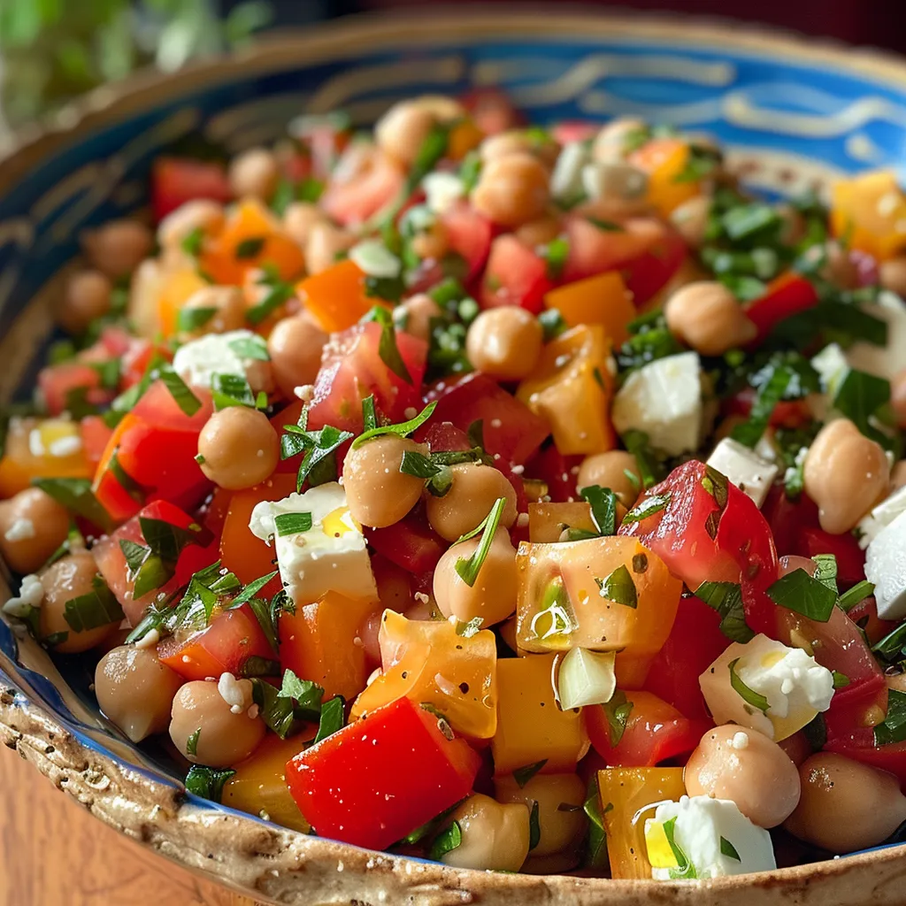 Primer plano de ensalada con garbanzos, tomates cherry y queso feta.