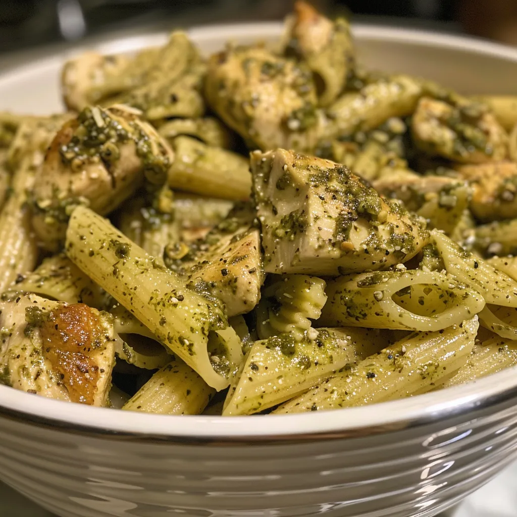 Primer plano de pasta con pollo y pesto, presentada en un plato blanco.