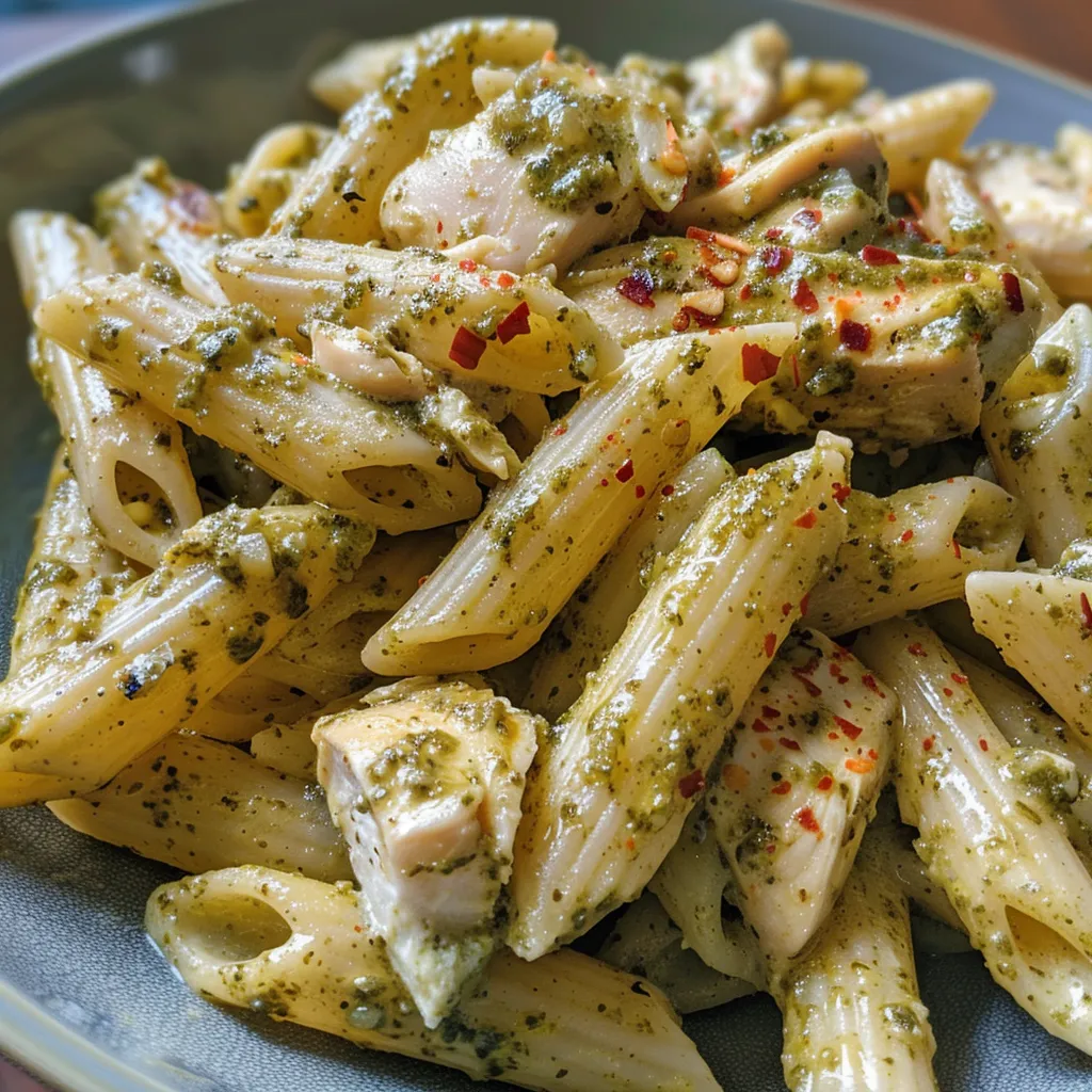 Vista lateral de pasta con pesto y trozos de pollo servida en un recipiente de vidrio.