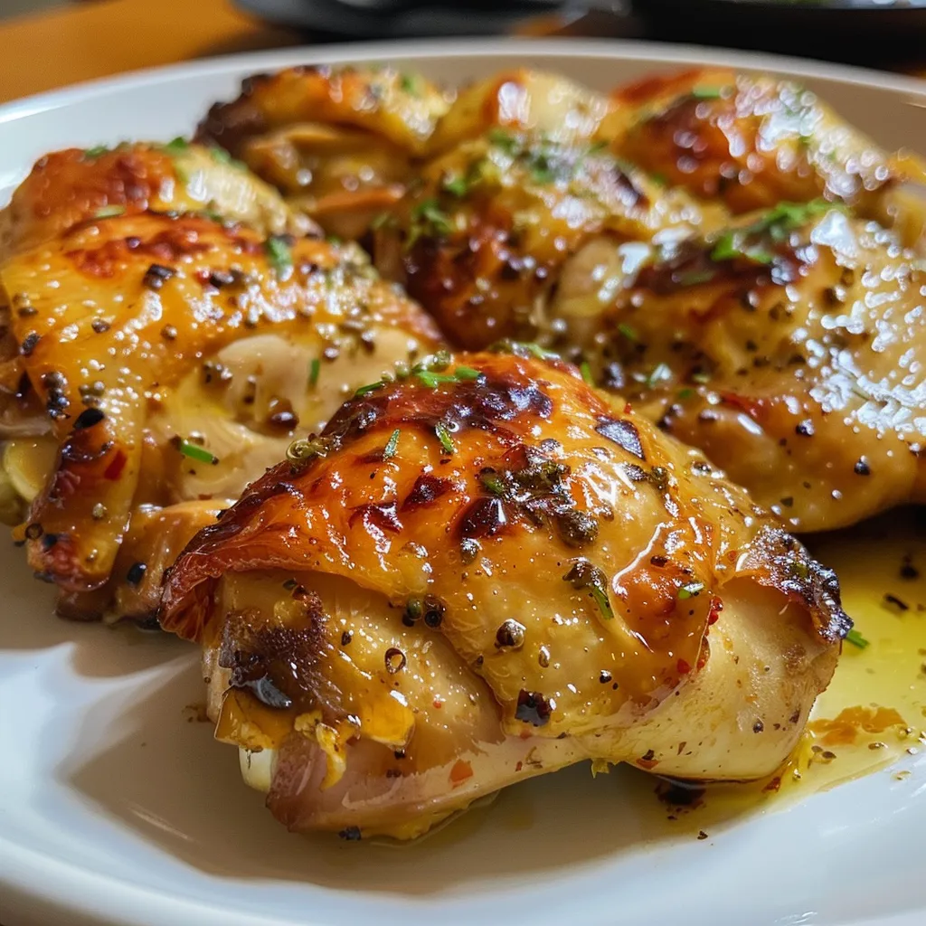 Pechugas de pollo al ajo doradas, con trozos de ajo y perejil fresco.