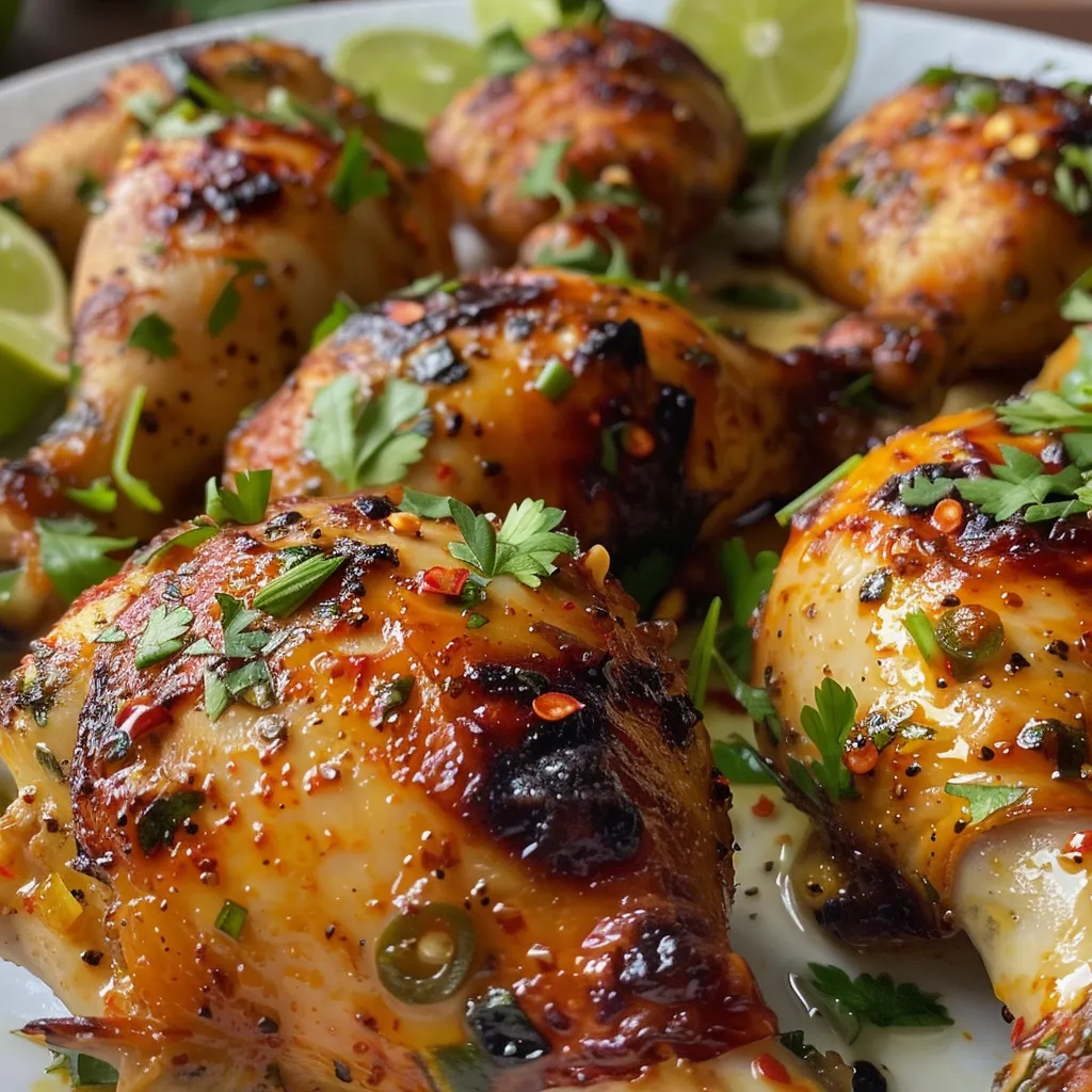 Primer plano de pechugas de pollo cocinadas en mantequilla, con especias y ajo.