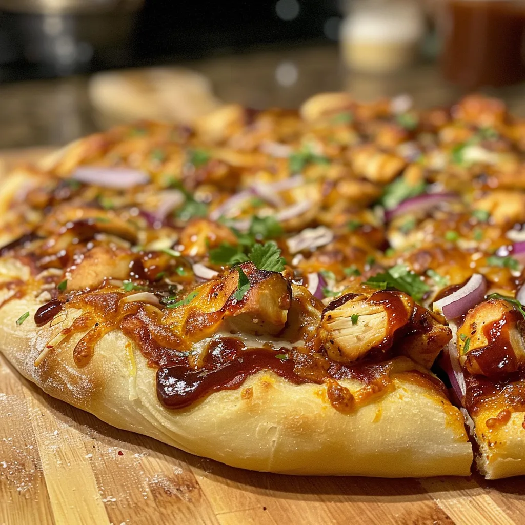 Pizza BBQ de Pollo con pollo jugoso, queso y cebolla morada.