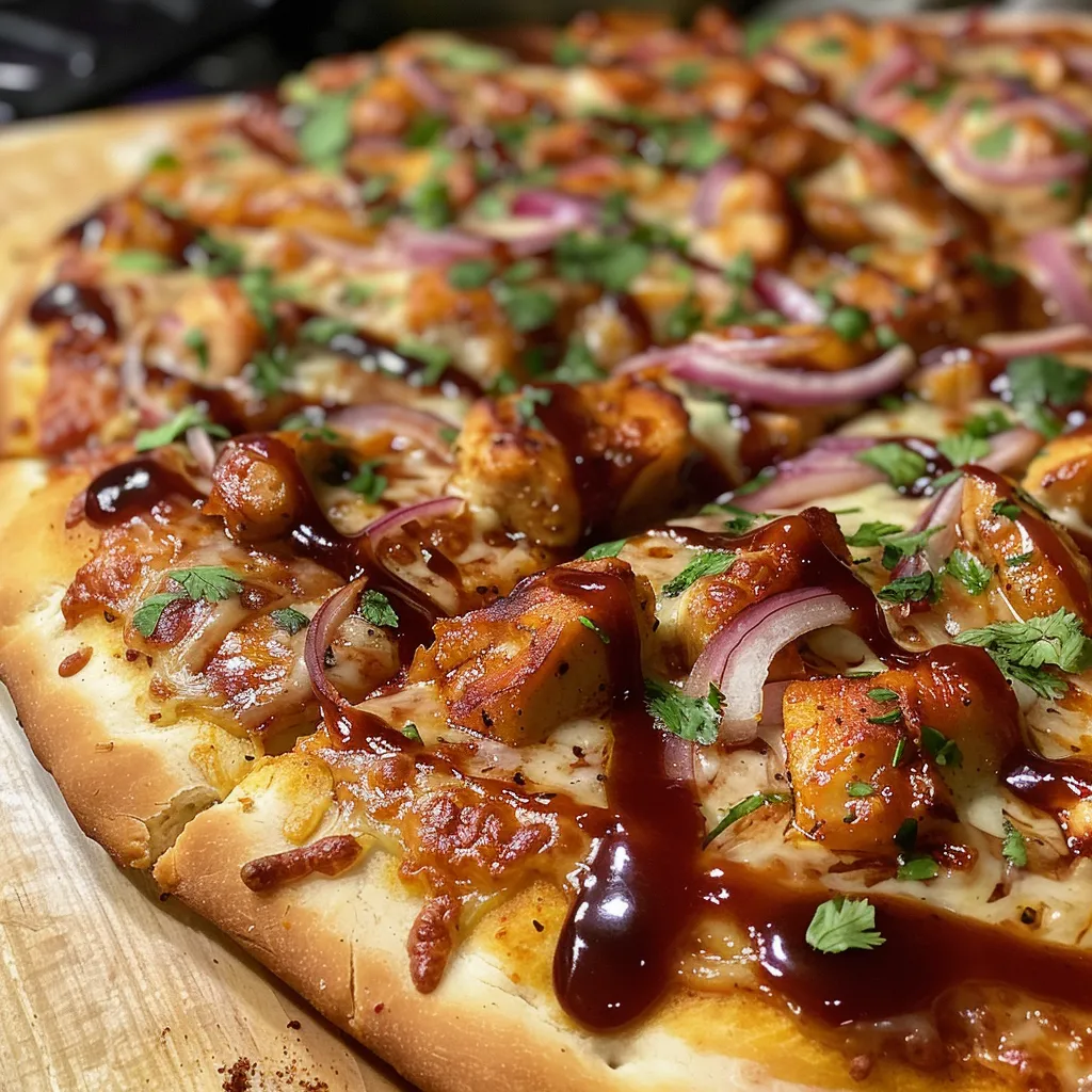 Vista lateral de una pizza BBQ de pollo con ingredientes frescos.