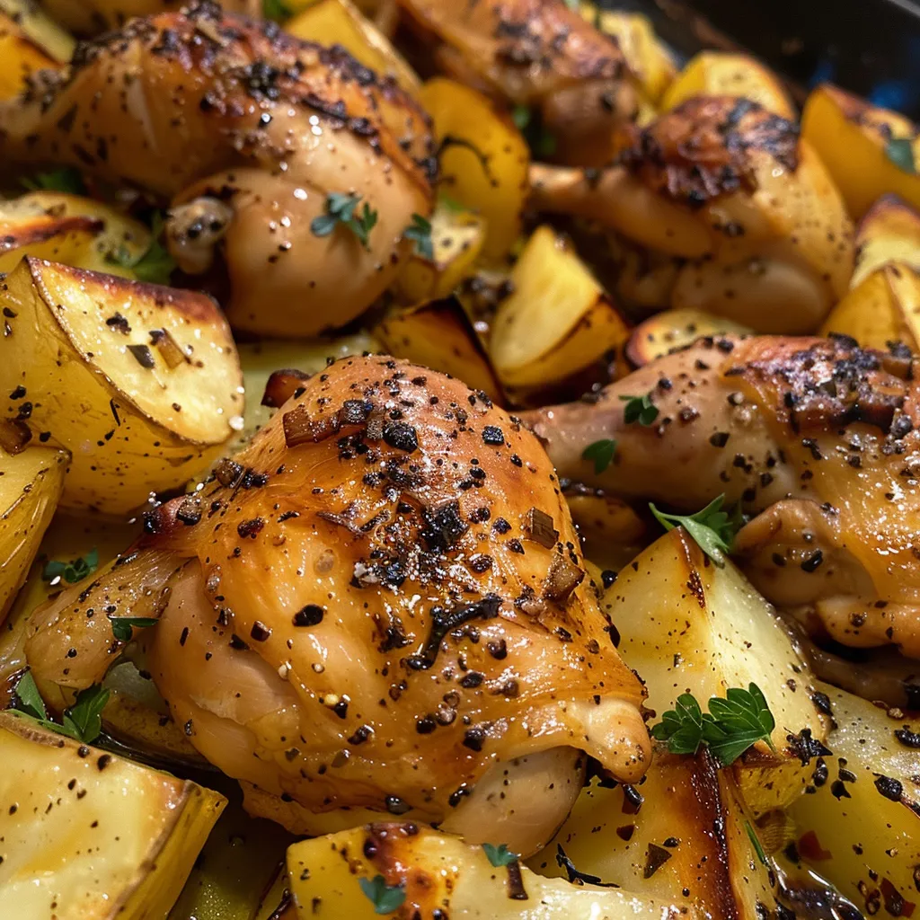 Pollo al horno jugoso con papas doradas en un plato.