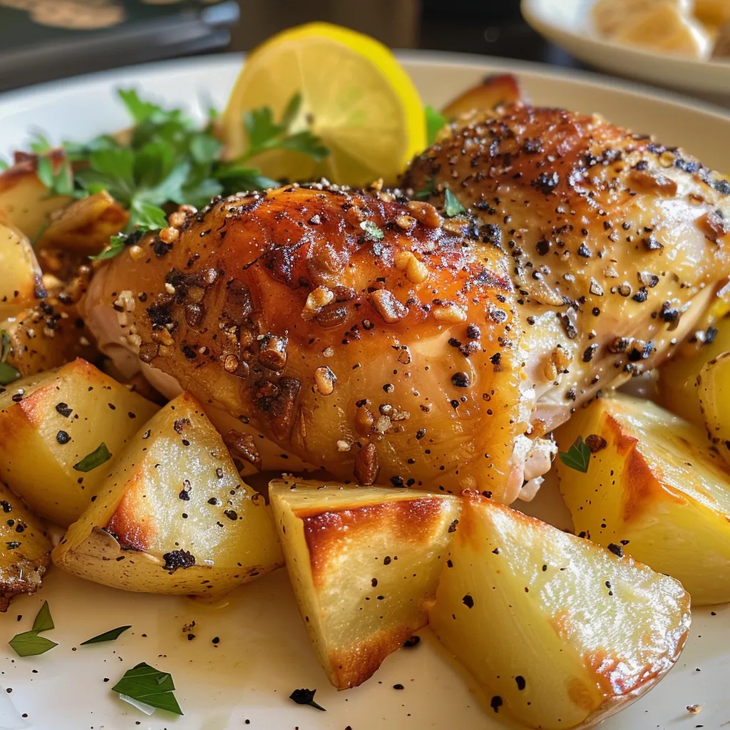 Vista lateral de Pollo al horno con papas doradas en una mesa.