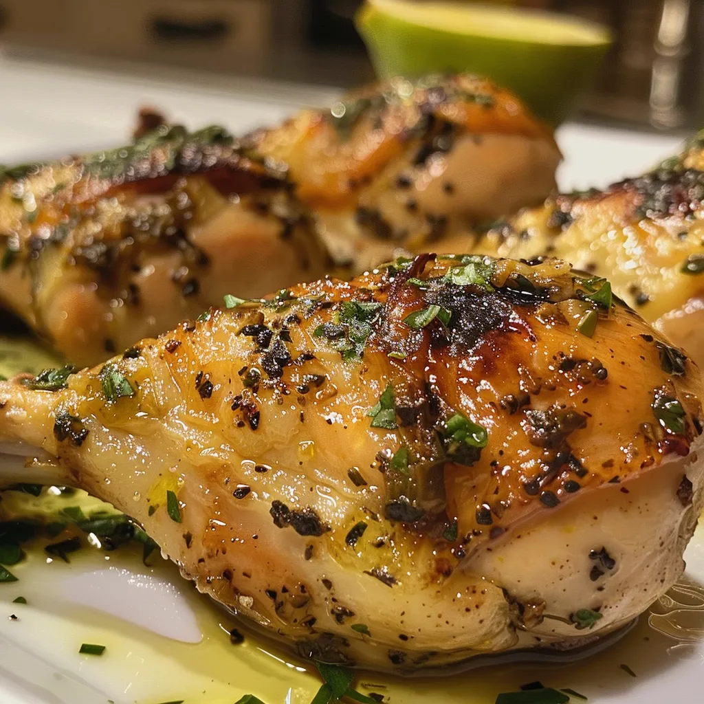 Pollo al horno jugoso presentado en un plato, con hierbas y rodajas de limón.
