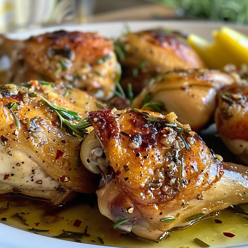 Vista lateral de un pollo al horno dorado, con especias y rodajas de ajo.