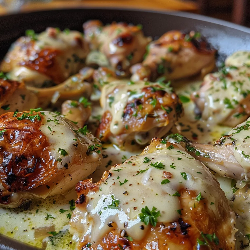 Pechugas de pollo jugosas cubiertas con mantequilla de ajo y queso.