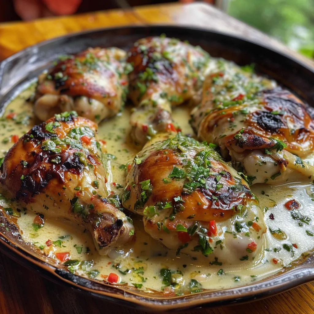 Pollo con un glaseado dorado de mantequilla y trozos de queso fundido.