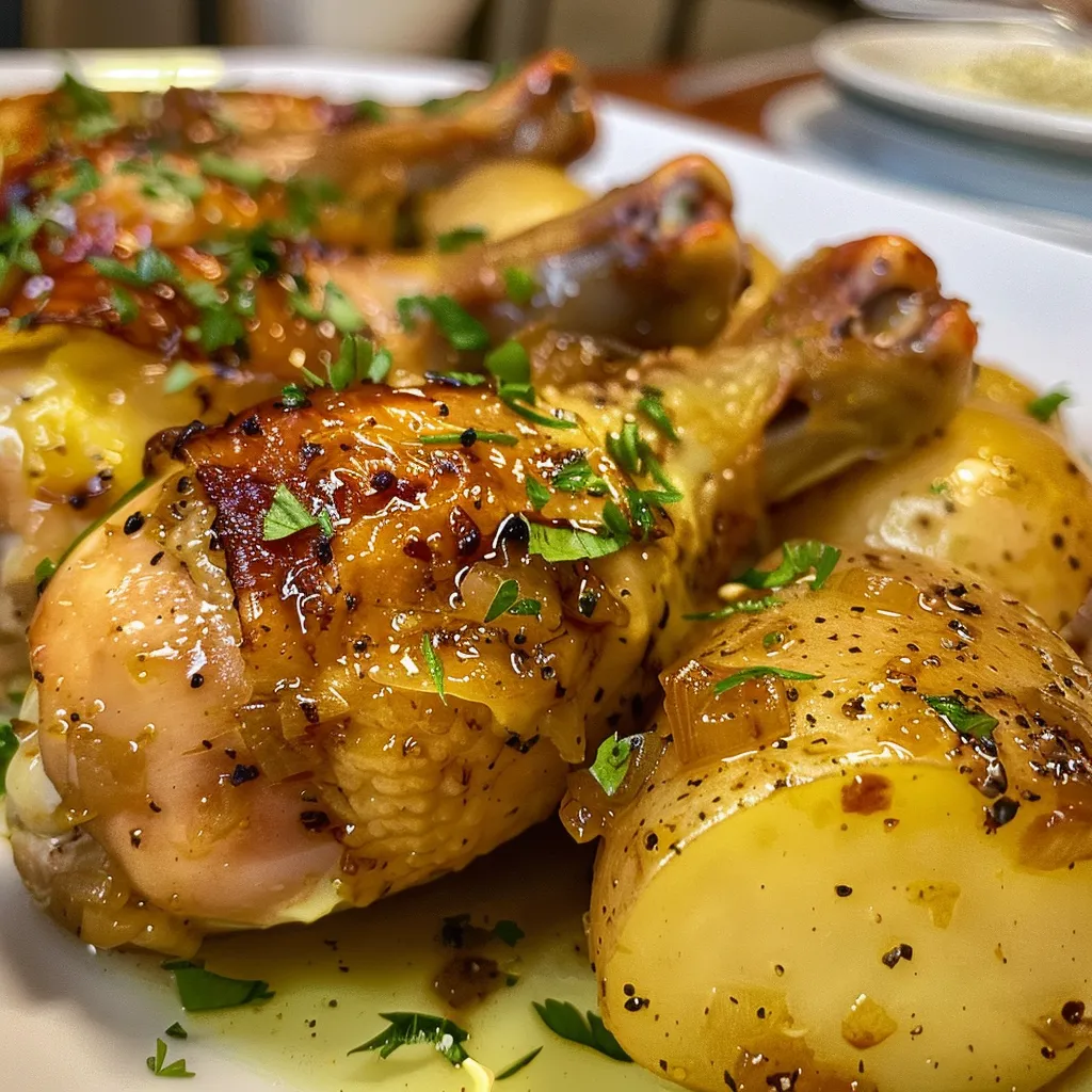 Close-up de muslos de pollo dorados con papas asadas.