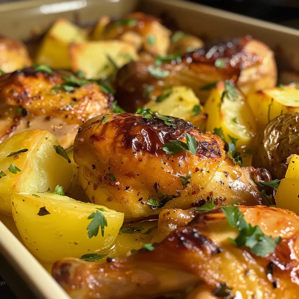 Tazón de Pollo con Papas al Horno, mostrando su jugosidad.