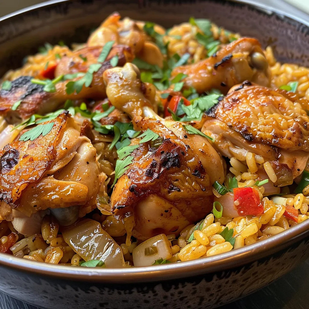Primer plano de Pollo Cremoso Arroz con pollo jugoso y arroz cremoso.