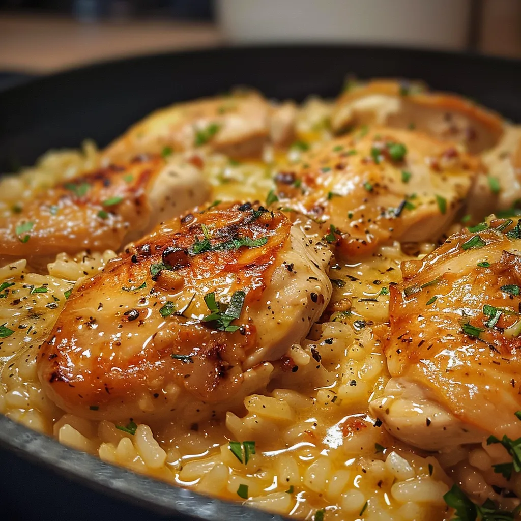 Vista lateral de un plato de Pollo Cremoso Arroz, mostrando sus ingredientes frescos.