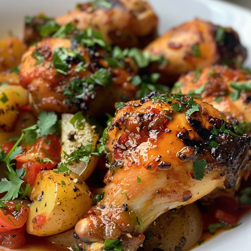 Platos de pollo guisado con sofrito de la abuela en primer plano.