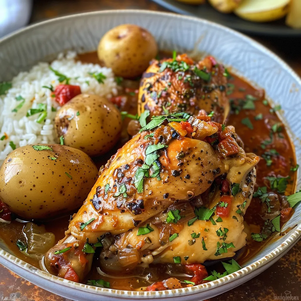 Vista lateral de un delicioso pollo guisado servido en un plato.