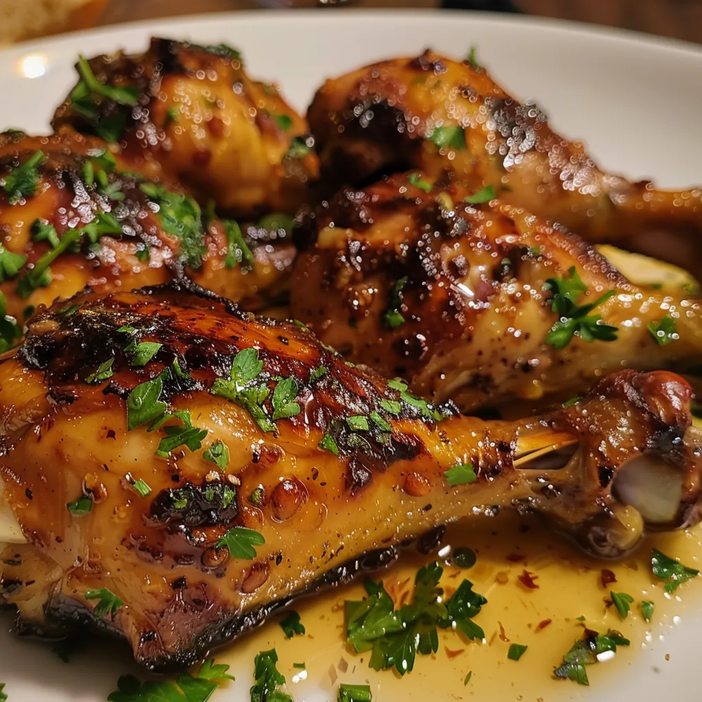 Vista lateral de Pollo jugoso con miel y ajo, mostrando su textura suculenta y dorada.
